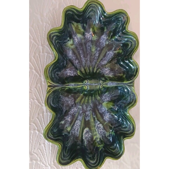 Vintage MCM  Cali Pottery Divided Leaf Dish CALIF. USA 30 Green Drip Glaze - Picture 4 of 13